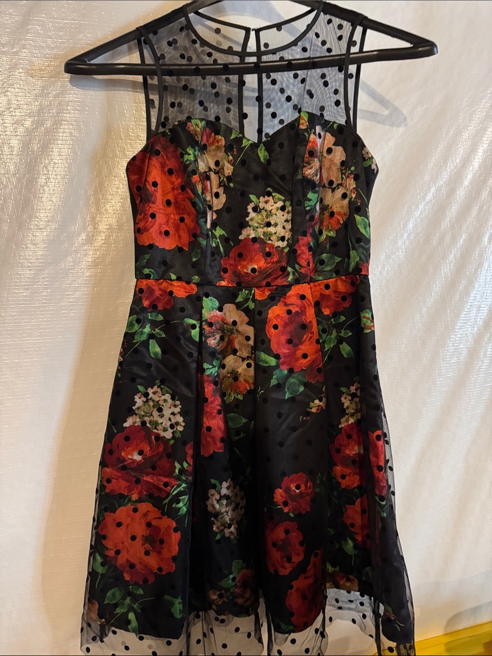 GG Collection Black Dress with Red Floral Print and Polka Dot Mesh